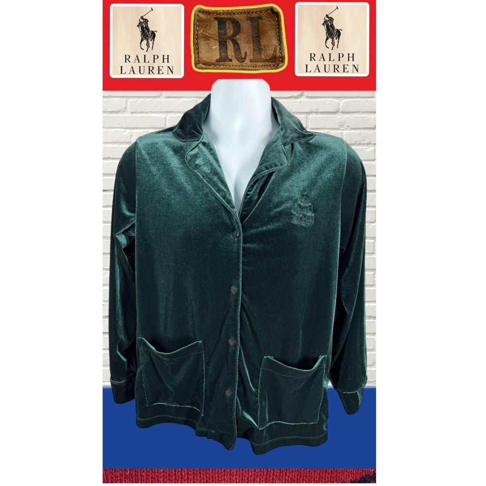 Ralph Lauren Black Label Button Up Top Velvet Womens Size S Velour Green Logo